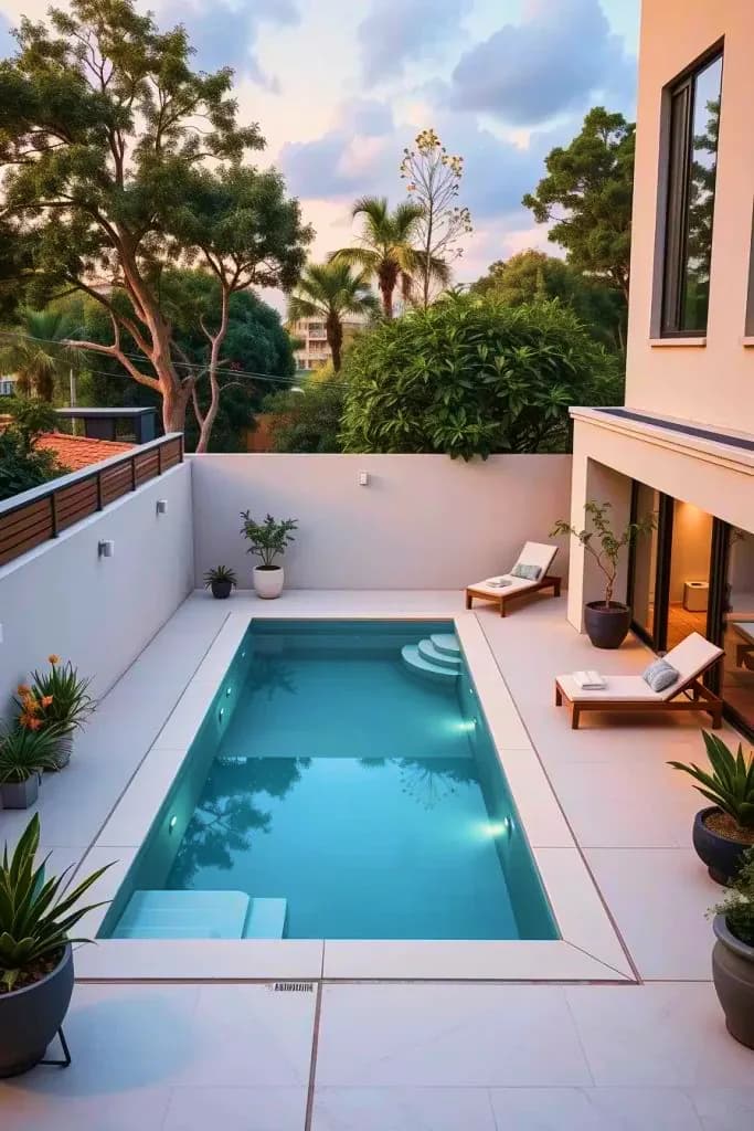 Piscine dans une cour close en fin de journée
