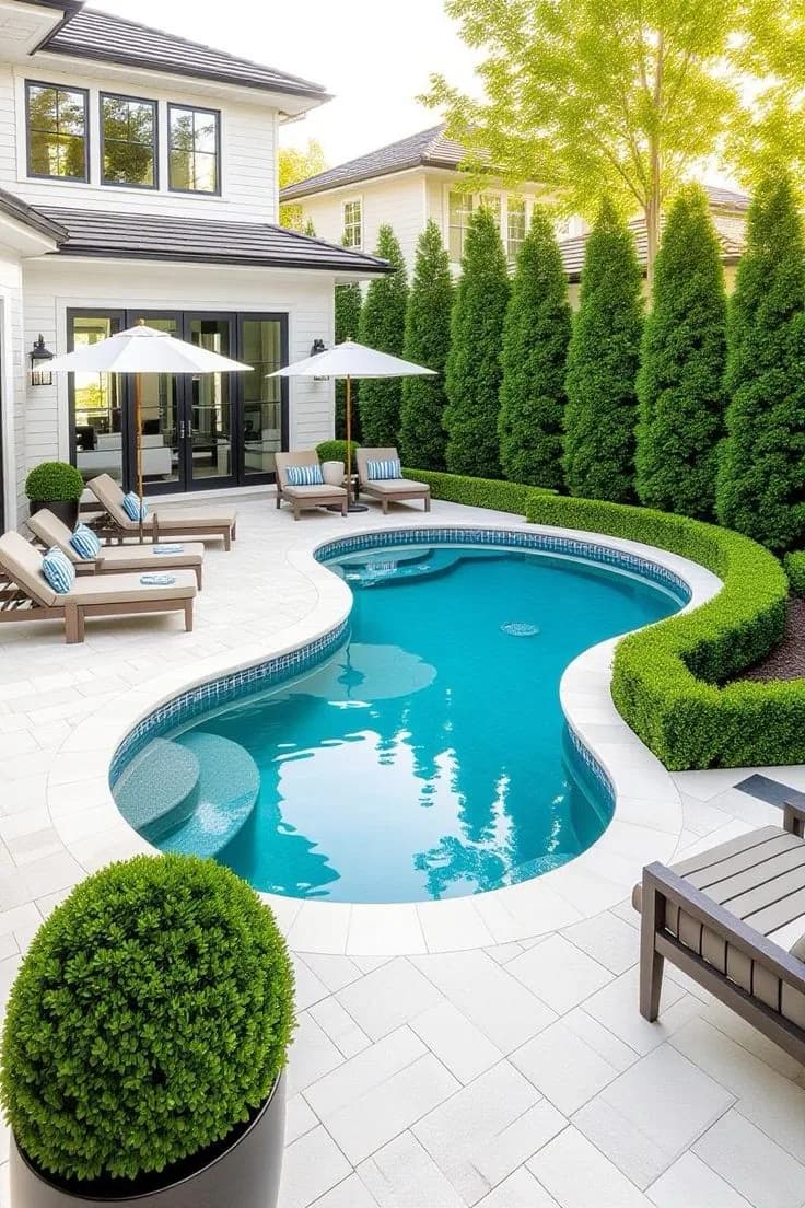 Piscine à forme libre bordée de haies taillées
