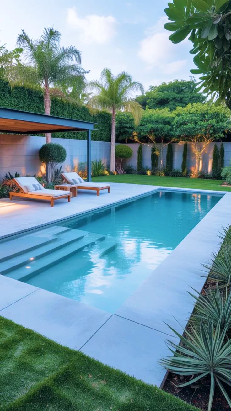 Longue piscine bordée de transats devant une villa