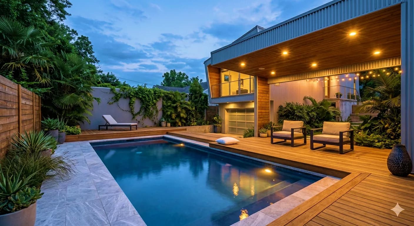 Piscine et terrasse en bois devant une villa éclairée au crépuscule