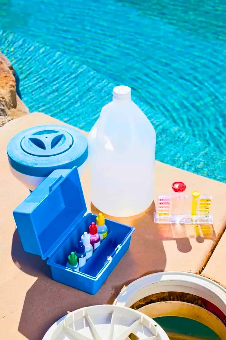Produits et matériel d’entretien posés au bord d’une piscine