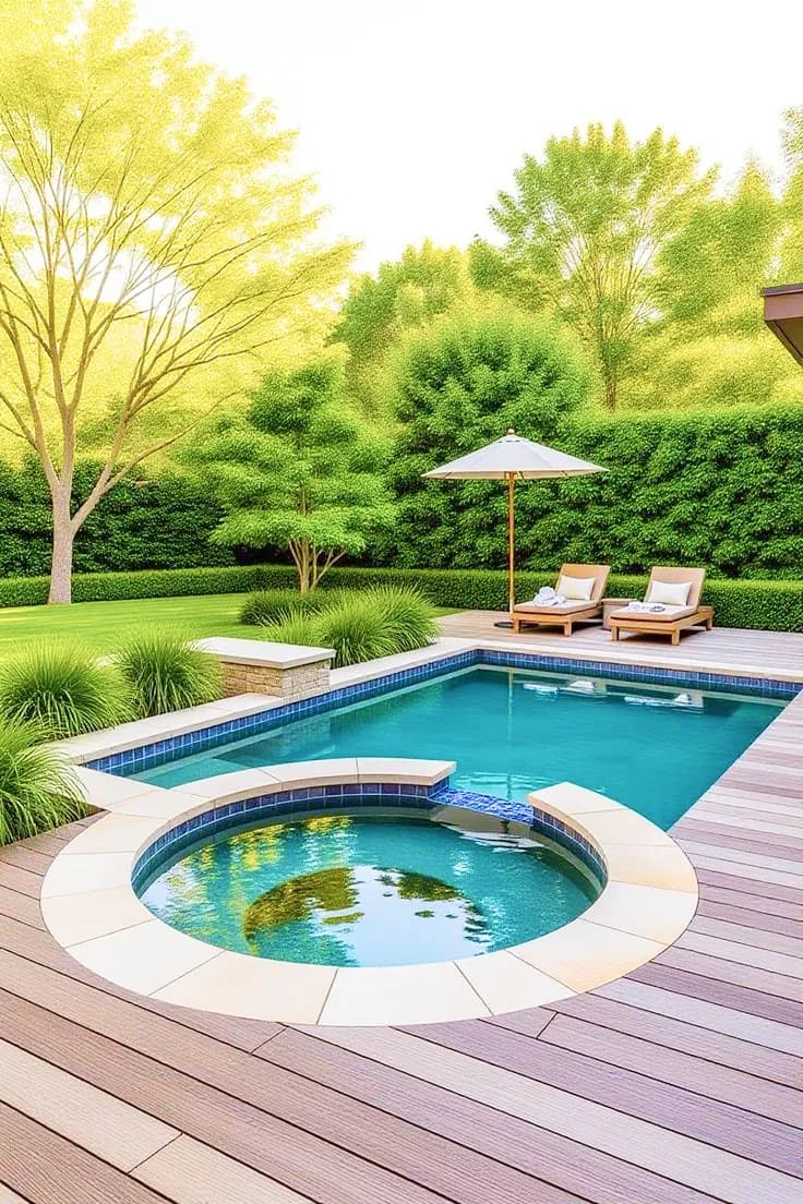Bassin circulaire et piscine dans un jardin paysager