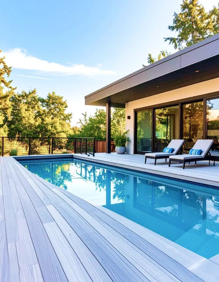 Piscine et terrasse en bois devant une villa vitrée