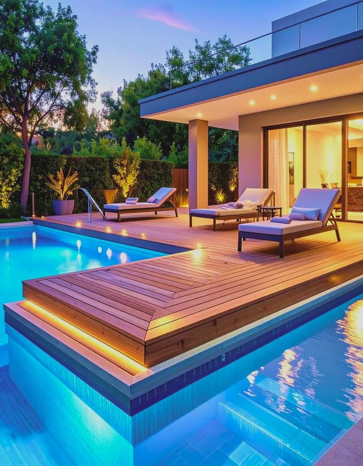 Terrasse en bois et piscine éclairée de nuit