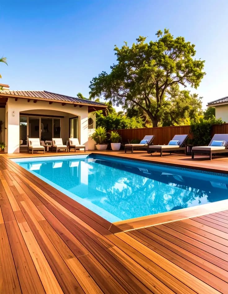 Piscine et terrasse en bois devant une villa méditerranéenne