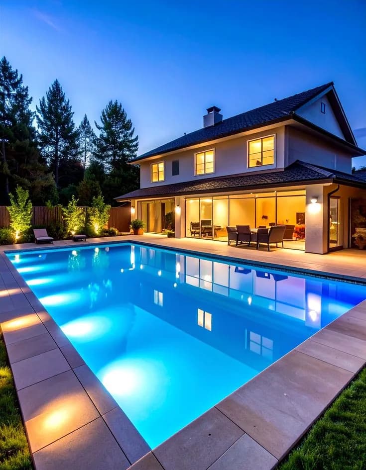 Villa éclairée et piscine illuminée à la tombée de la nuit